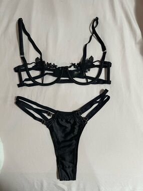 Meshki Black Strappy Lace Bra & Thong Set